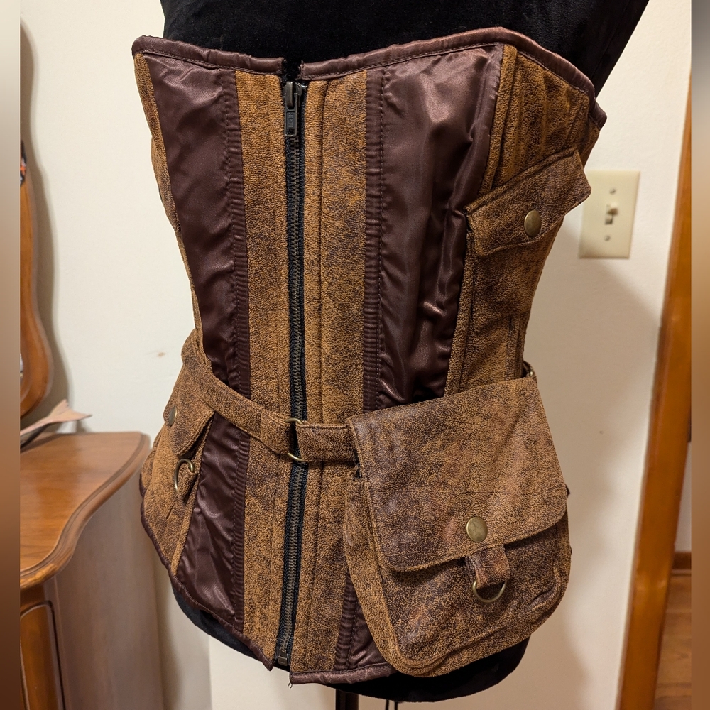 Poizen Industries vintage steampunk suede satin pouch over bust corset